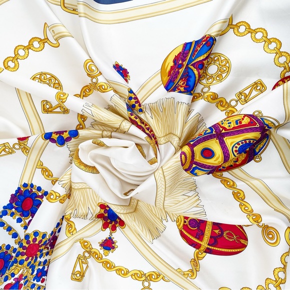 CELINE Paris 100% Silk Jewel Baroque Egg Large Square Scarf Blue Trim - Picture 3 of 9